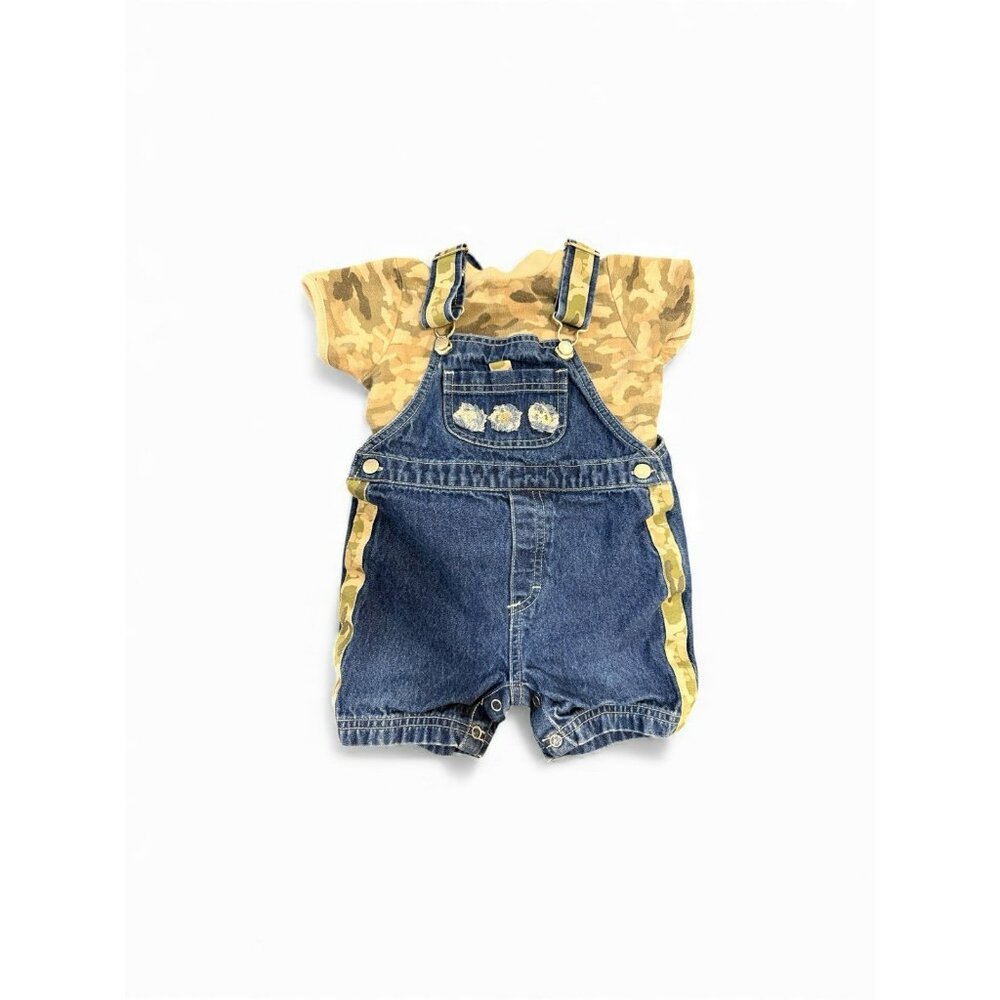 Vintage GREENDOG Blue Denim Overall Shorts With Camo T Shirt Size 18 Mo - Picture 3 of 14